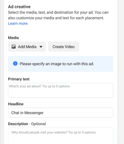 Screenshot of facebook ad creative required text fields for messenger ad