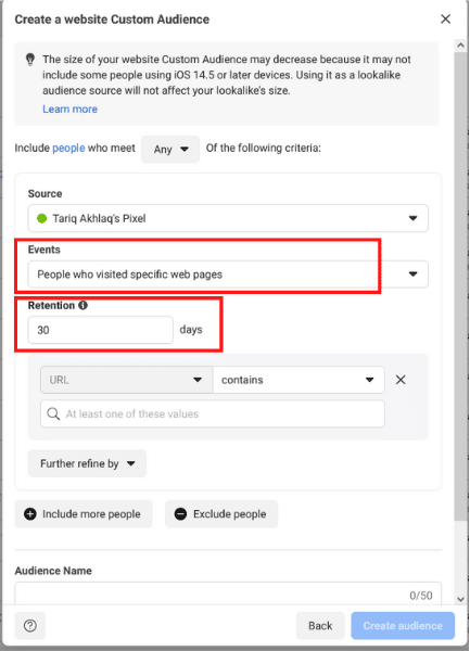 Screenshot of creating a website custom audience in facebook ads with recommended event and retention settings.