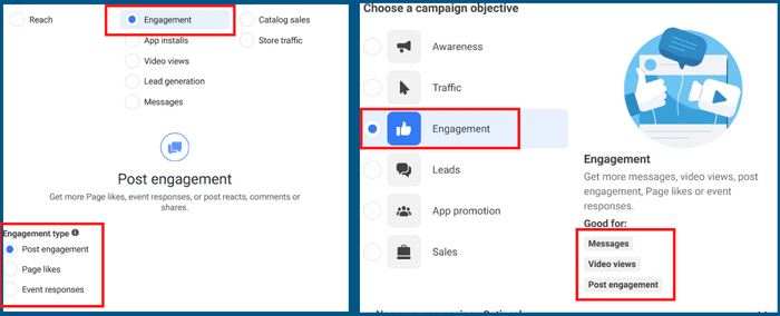Screenshot of selecting engagement campaign in facebook ads
