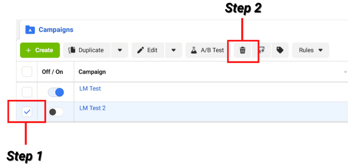 screenshot with arrows showing Steps for deleting facebook campaign in the ads manager.