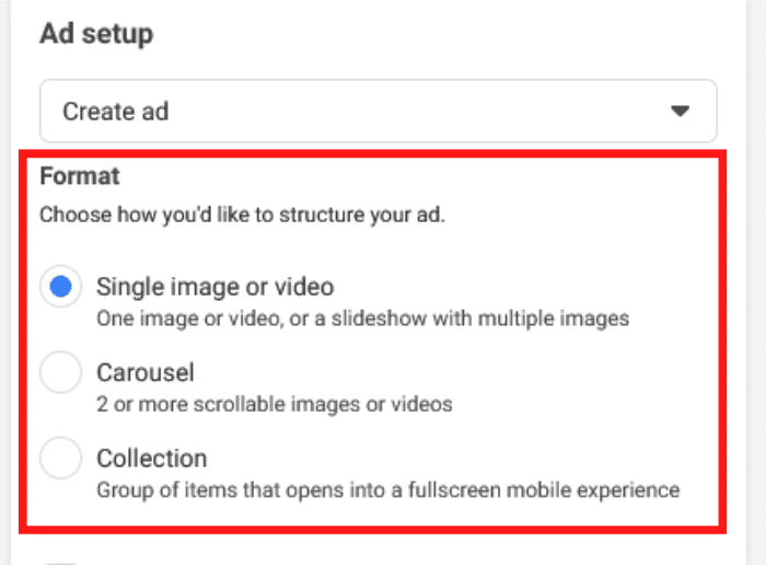 Screenshot showing different types of ads can be selected for facebook creative