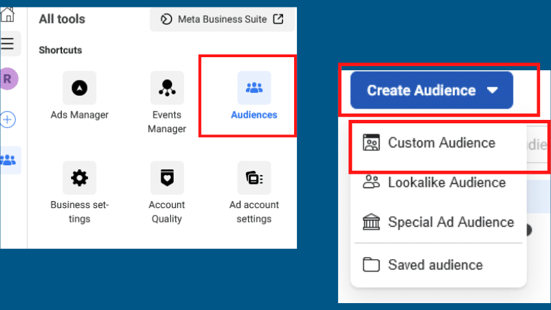 Screenshots of showing facebool tools to create custom audience.