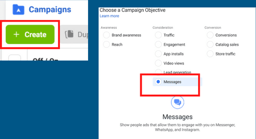 Screenshot from facebook ad manager showing steps for clicking create and selecting messenger ads