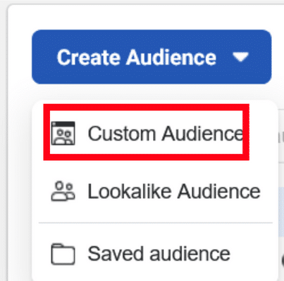 Screenshot showing create custom audience in facebook ads
