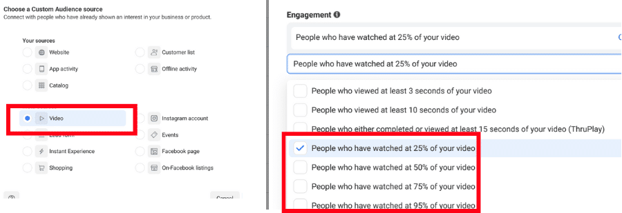 Screenshots showing how to set up custom audience based on video view engagement and duration percentage.