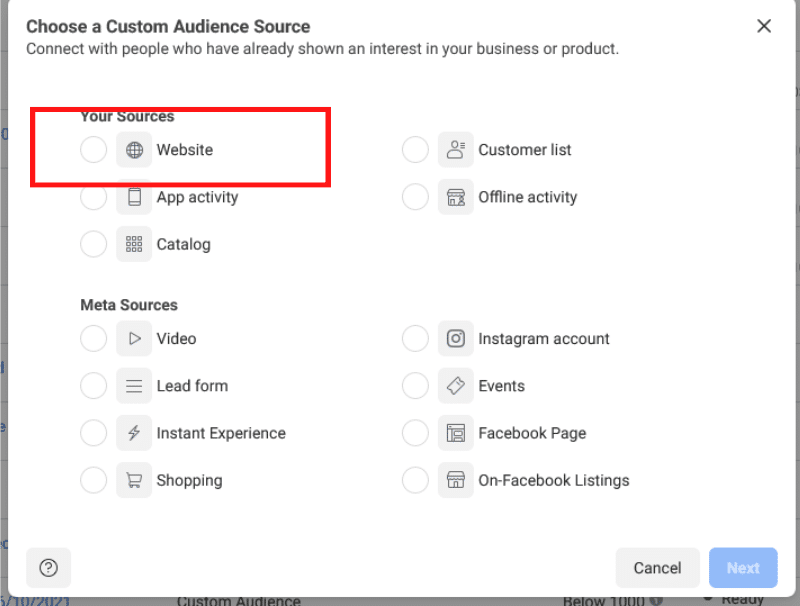 Screenshot of the available sources for creating a facebook custom audience.