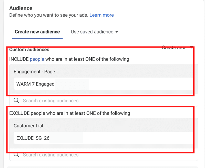 Screenshot of facebook custom audience panel showing adding custom audience and excluding an audience.