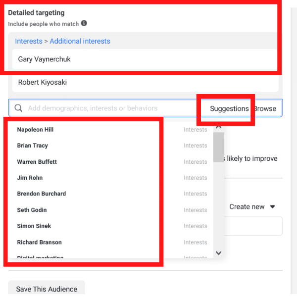 screenshot of facebook detailed targeting with examples of how to use