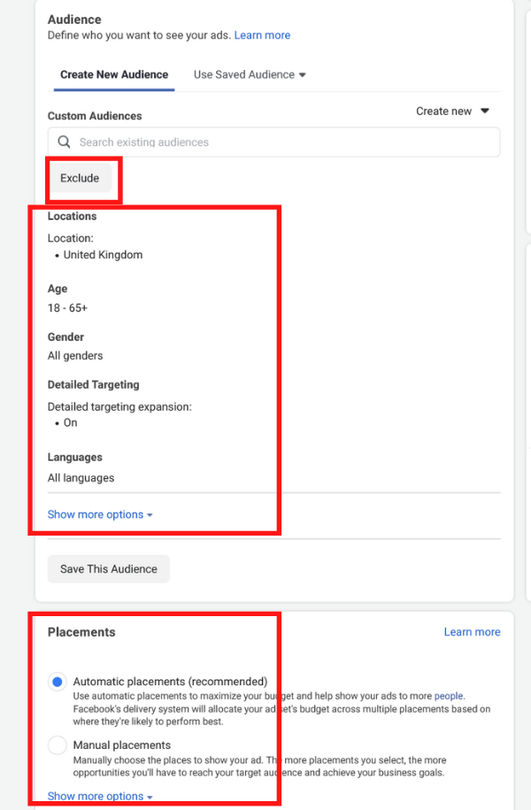 Screenshot of facebook audience settings for setting open target audience.