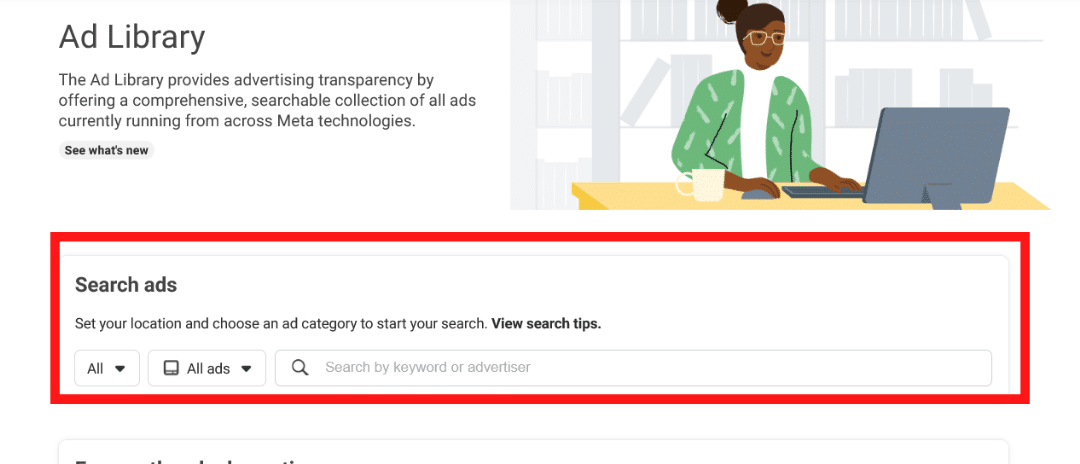 Screenshot of facebook ad library highlighting search bar