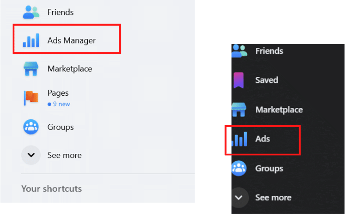 Screenshot of facebook dashboard showing where ads manager is.