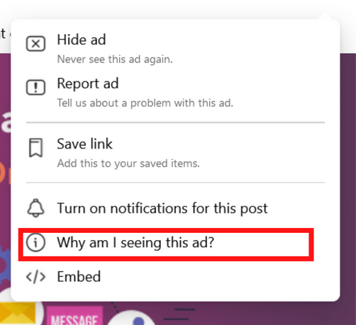 Screen shot of facebook ad after pressing 3 dots highlighting option that says why am i seeing this ad?