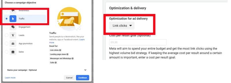 Screenshot of Campaign objective traffic and highlighting optimization and delivery for link clicks.