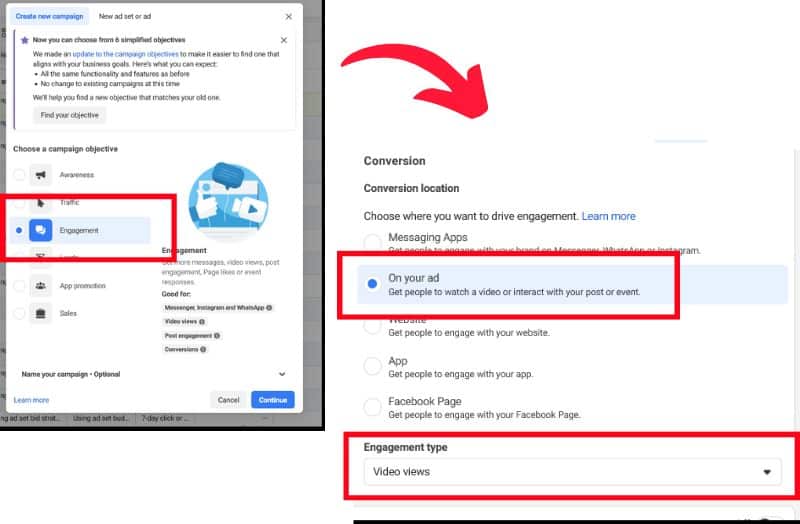 Screenshots highlighting settings for setting up video view engagement campaign
