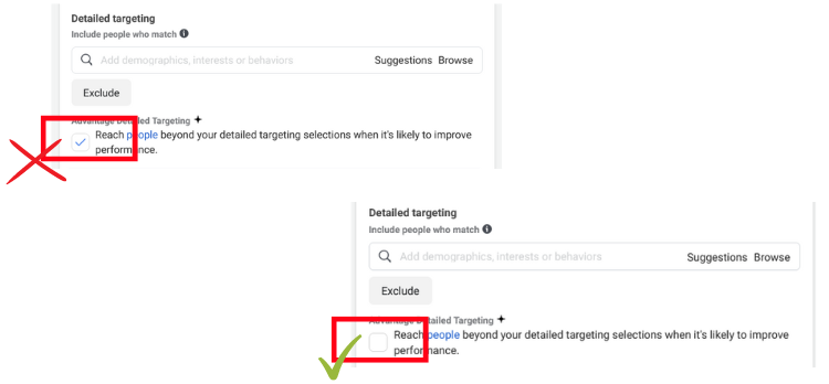 Screenshot of what recommended setting for detailed targeting highlighted with red box and tick.