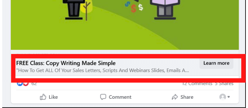 Example of facebook ad headline taken from a real ad zoomed in under the image.