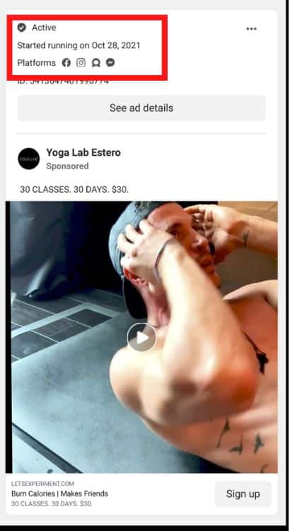 Screenshot of a facebook fitness ad from facebook ad library highlighting the date it started.