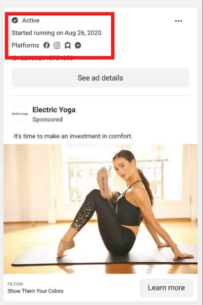 Screenshot of a facebook yoga ad from facebook ad library highlighting the date it started.