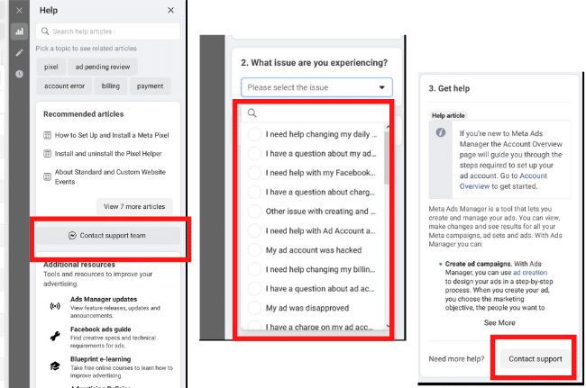 Facebook screenshots for help section to contact facebook support