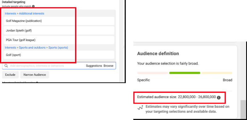 Screen shot of Interest stacking in detailed targeting with audience definition and estimated audience size.