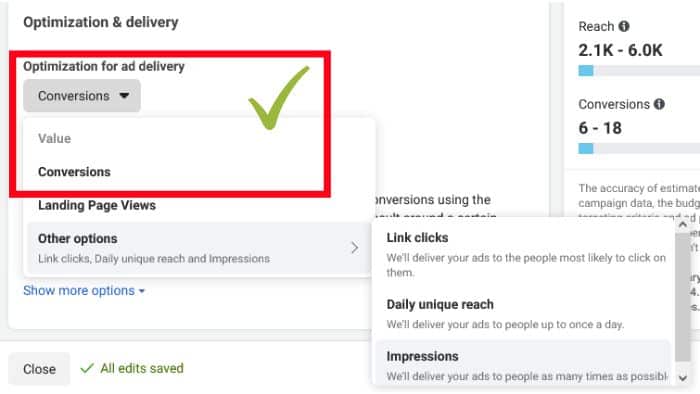Screenshot highlighting selecting conversion in optimization and delivery drop down in facebook ads.