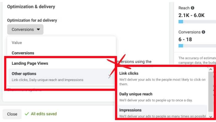 Screenshot of optimization and delivery in facebook ads highlighting landing page views option with an X representing not to select it.