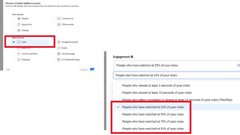 Screenshots for how to create a custom audience for video with video engagement percentage
