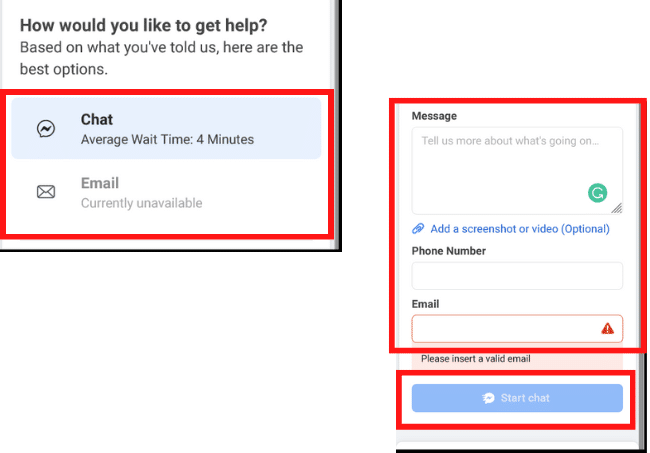 Facebook support section screenshots for selecting details and starting live chat.