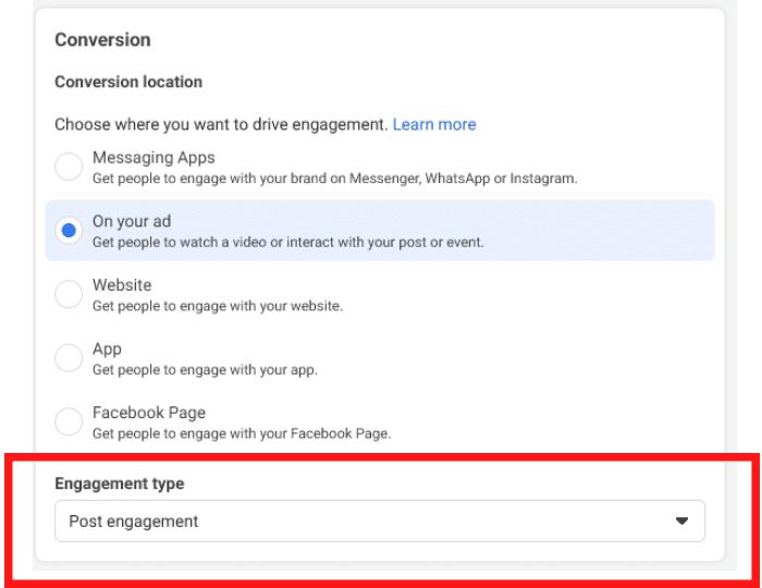 Screenshot of facebook ad video engagment campaign settings with Conversion on your ad engagement type post engagement