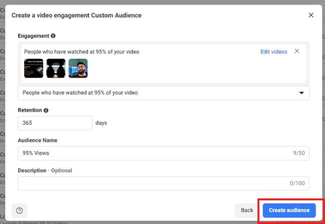 Facebook ads Creating a video engagement custom audience settings for creating it.