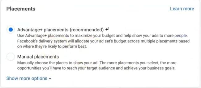 Placements selection facebook ads