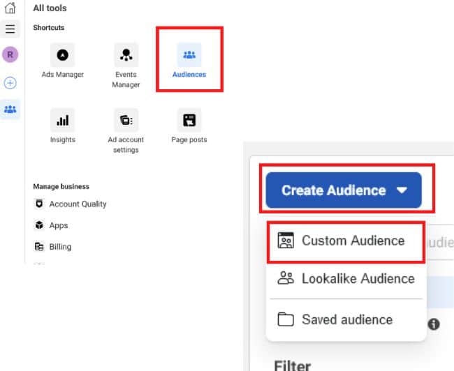 Screenshot of facebook ads selecting audiences create custom audience