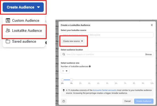 Screen shot of facebook ads create look alike audience create new source
