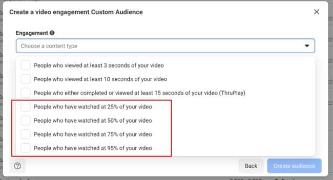 screenshot of engagement custom audience people who have watched percentage.
