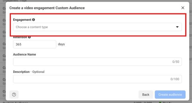 Facebook ad screenshot of video engagement custom audience